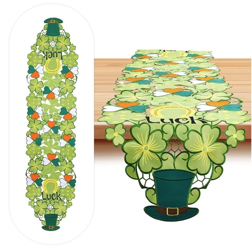 St Patricks Day Table Runner 69x14 Embroidered Shamrock Leprechaun Hat Green